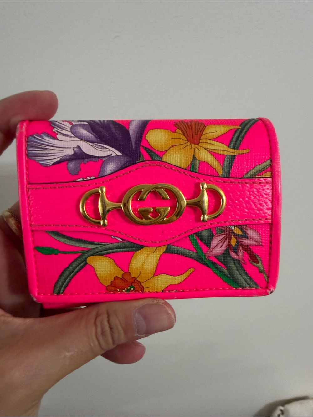Gucci Neon Pink Floral Mini Wallet with Gold Double G - has signs of wear